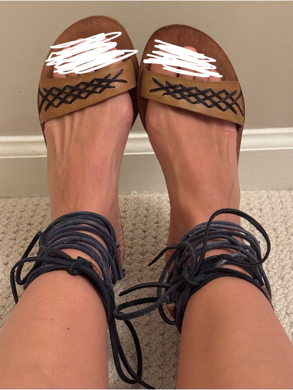 Free People Tan Slide Sandals with Dark Blue Lace-Up Ankle Straps
